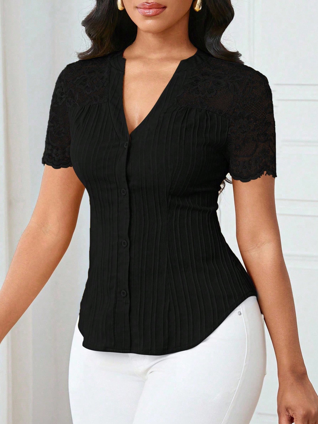 Lace Sleeve Button Up Shirt
