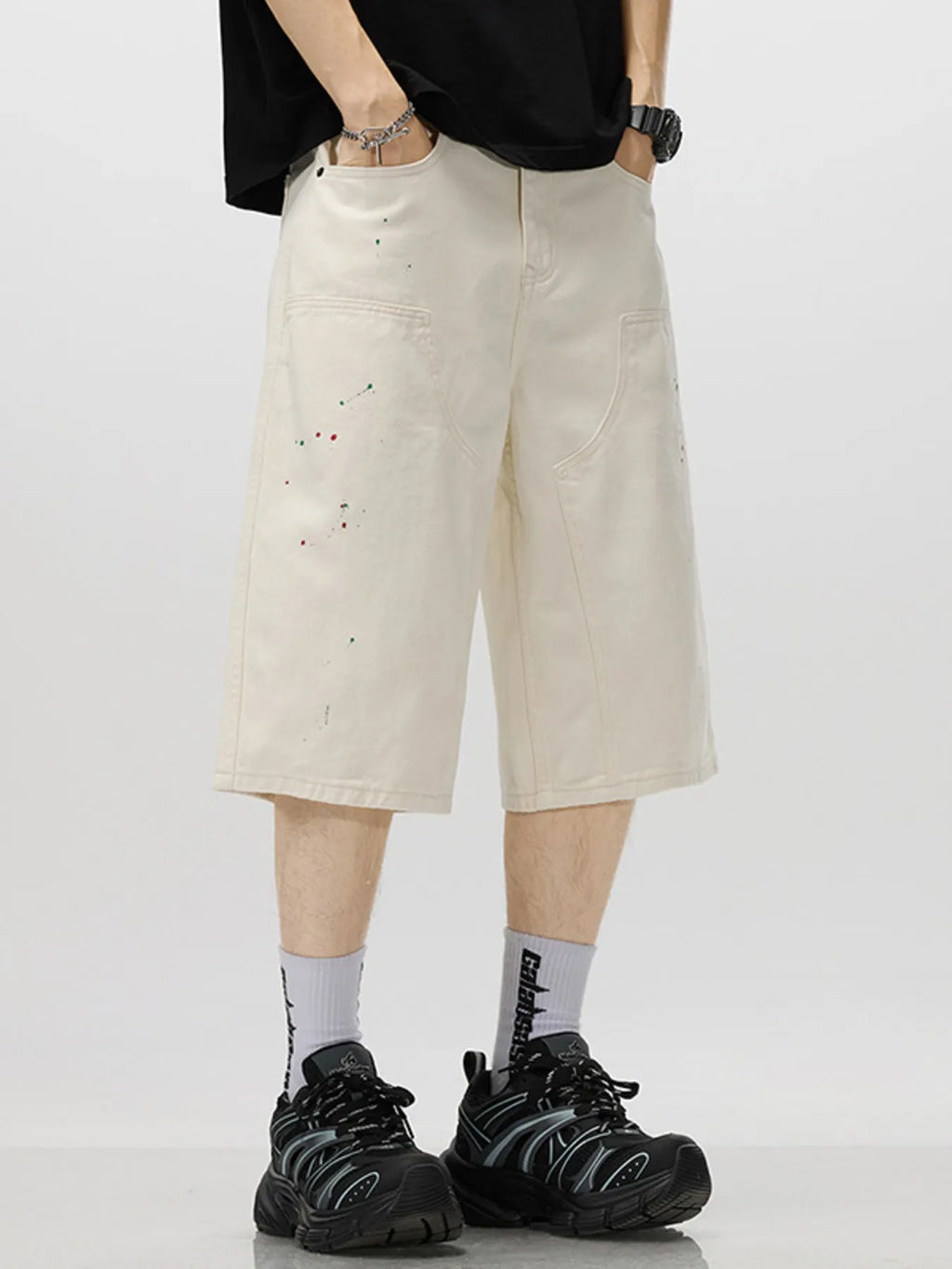 Men's Loose-Fit Splatter-Paint Denim Capris
