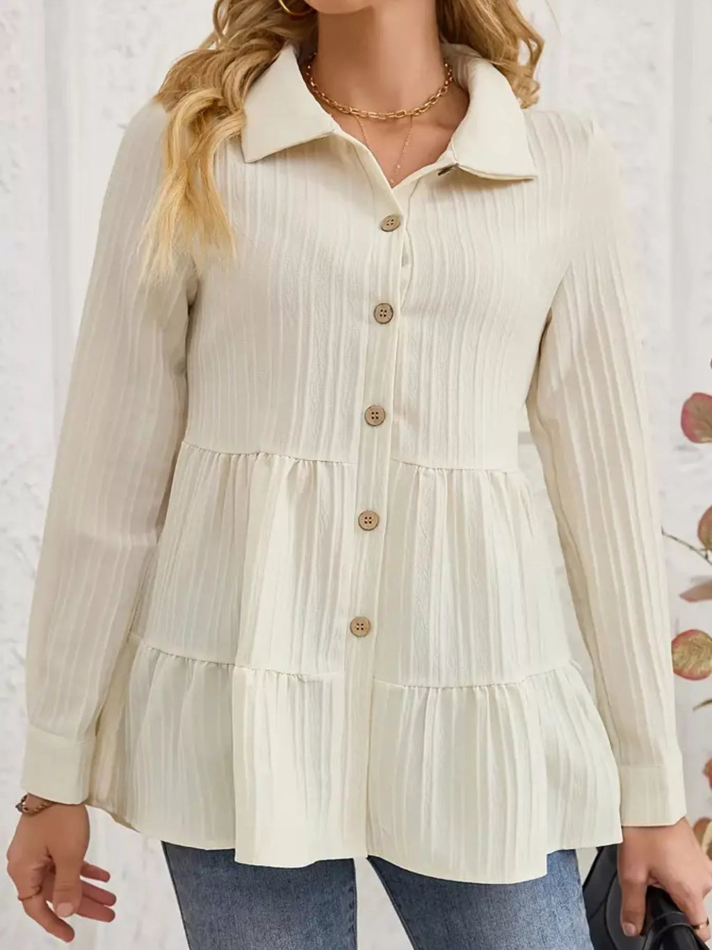 Button-Down Long Sleeve Tiered Shirt