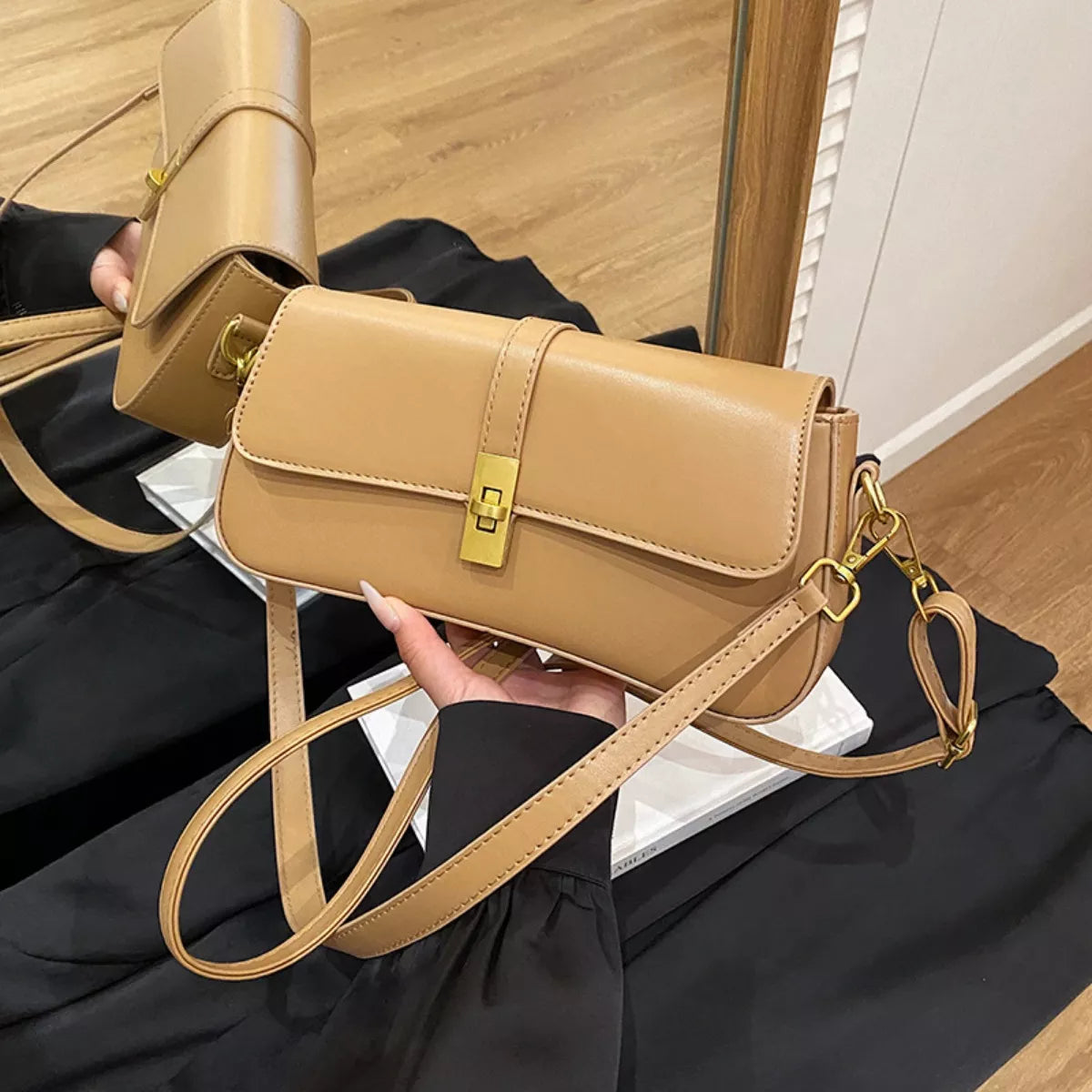 Rectangular Crossbody Bag with Golden Buckle