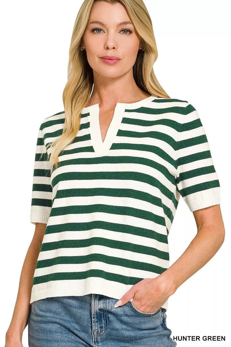 Zenana Split Neck Stripe Short Sleeve Sweater