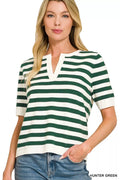 Zenana Split Neck Stripe Short Sleeve Sweater