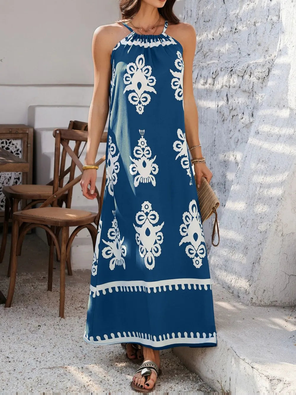 Devine Grecian Neck Printed Maxi Dress