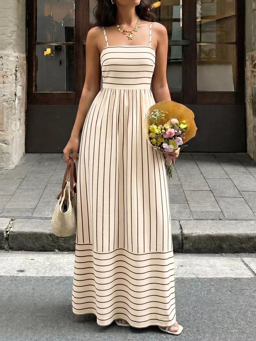 Striped Print Spaghetti Strap Maxi Dress