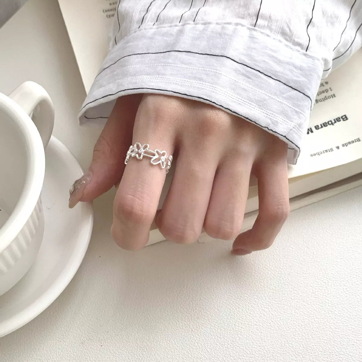 925 Sterling Silver Flower Open Ring