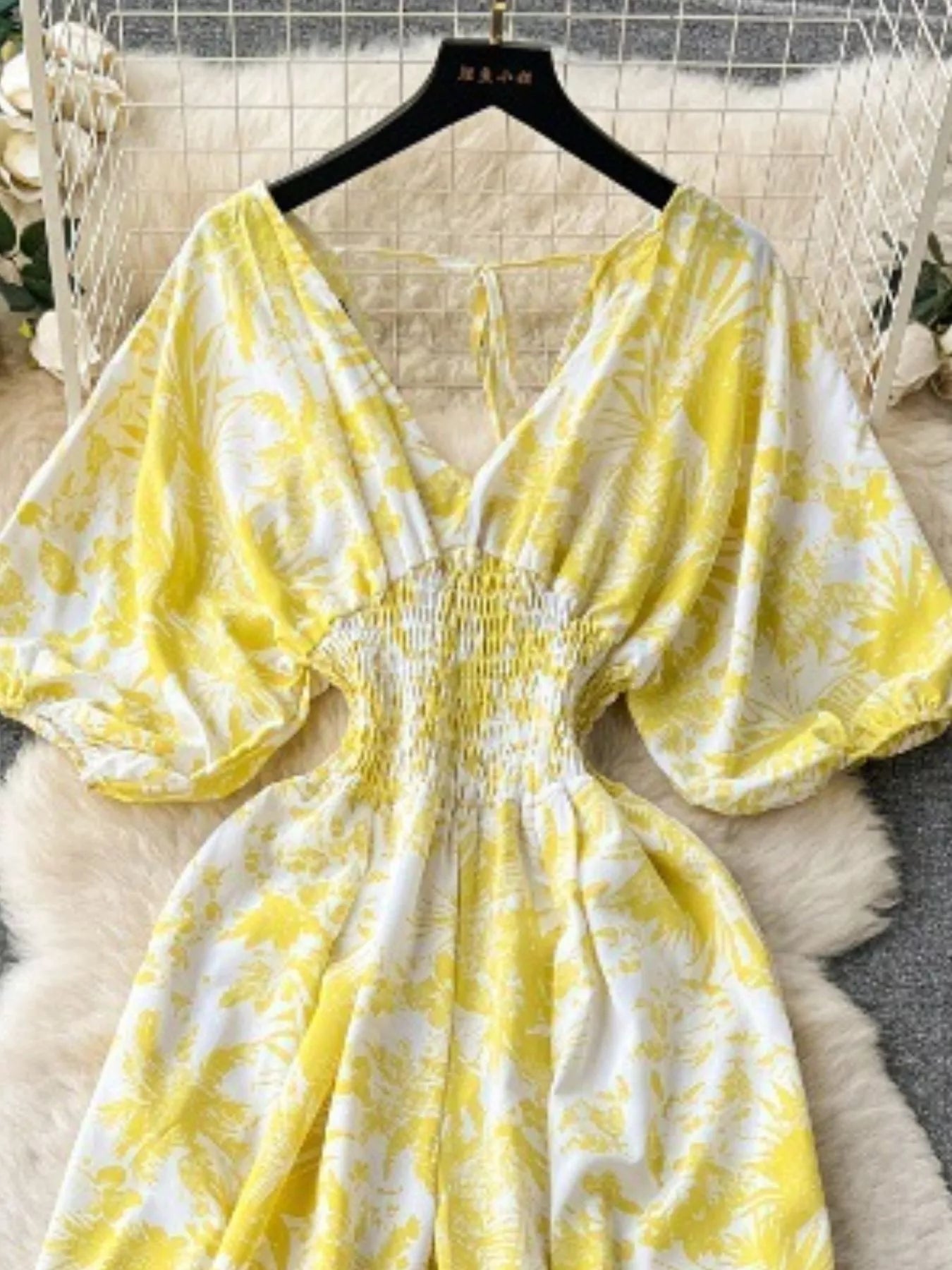 Smocked V-Neck Wide Leg Jumpsuit