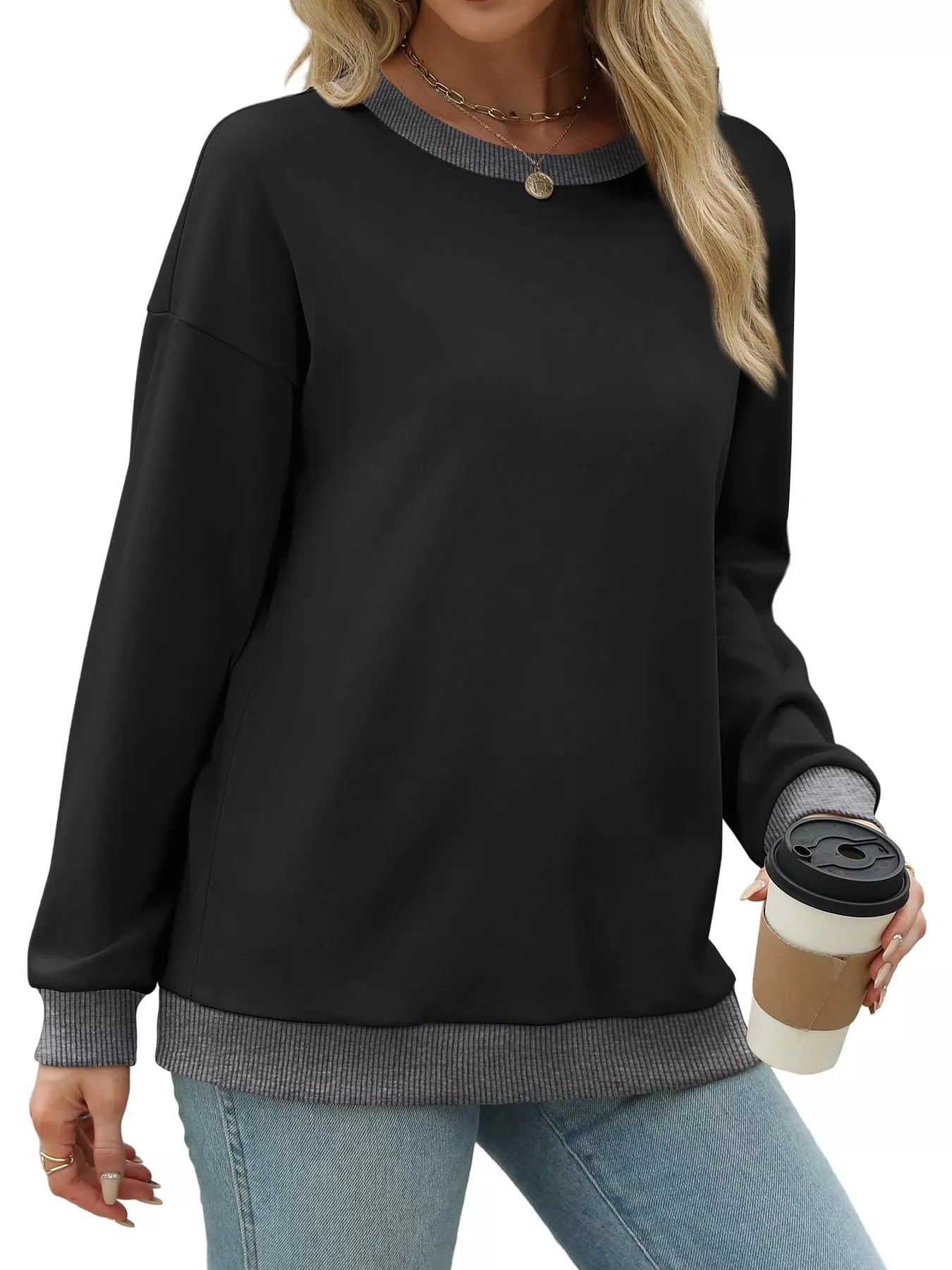 Contrast Trim Crew Neck Casual Sweatshirt
