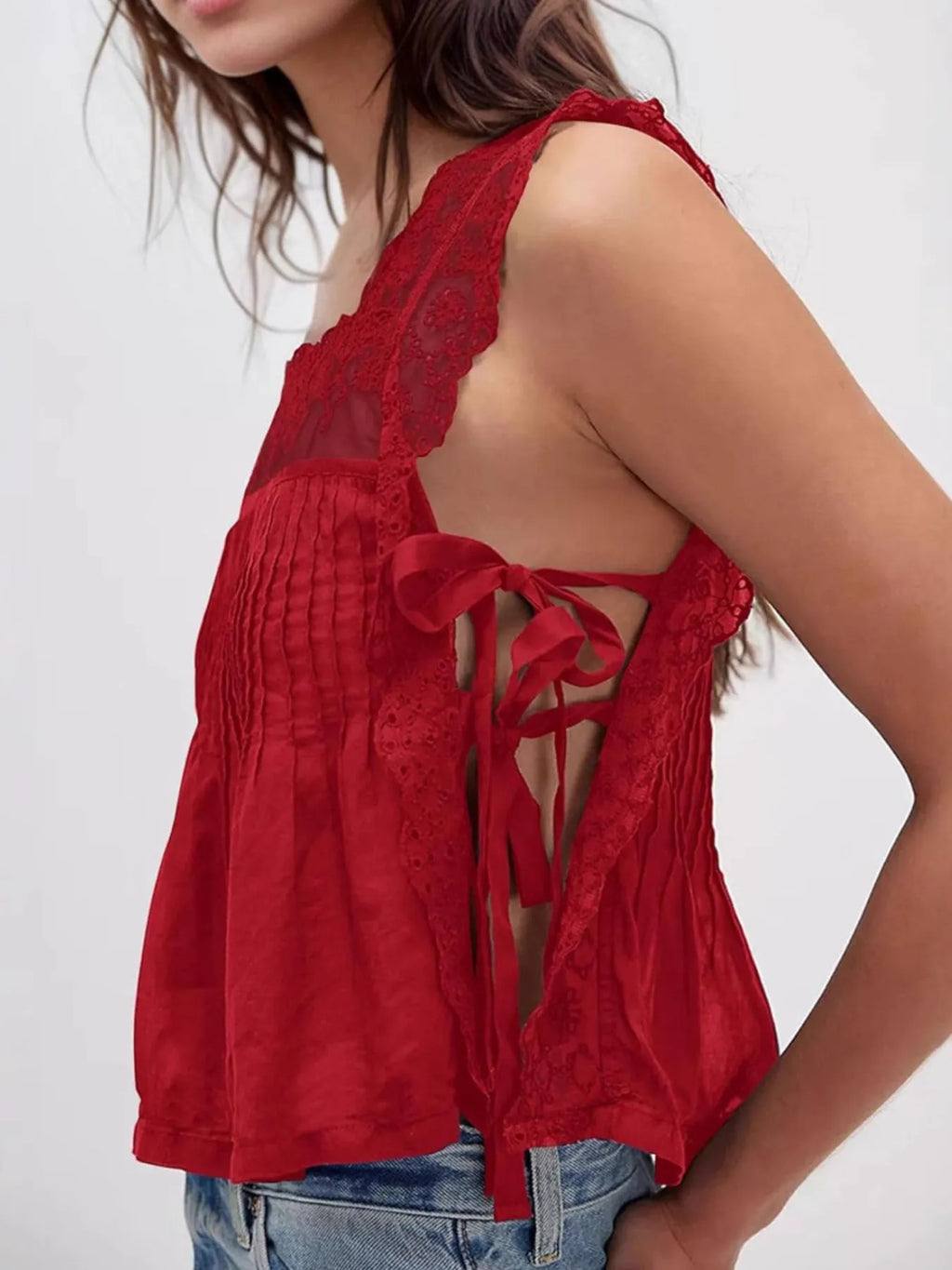 Lace-Trimmed Eyelet Square Neck Top