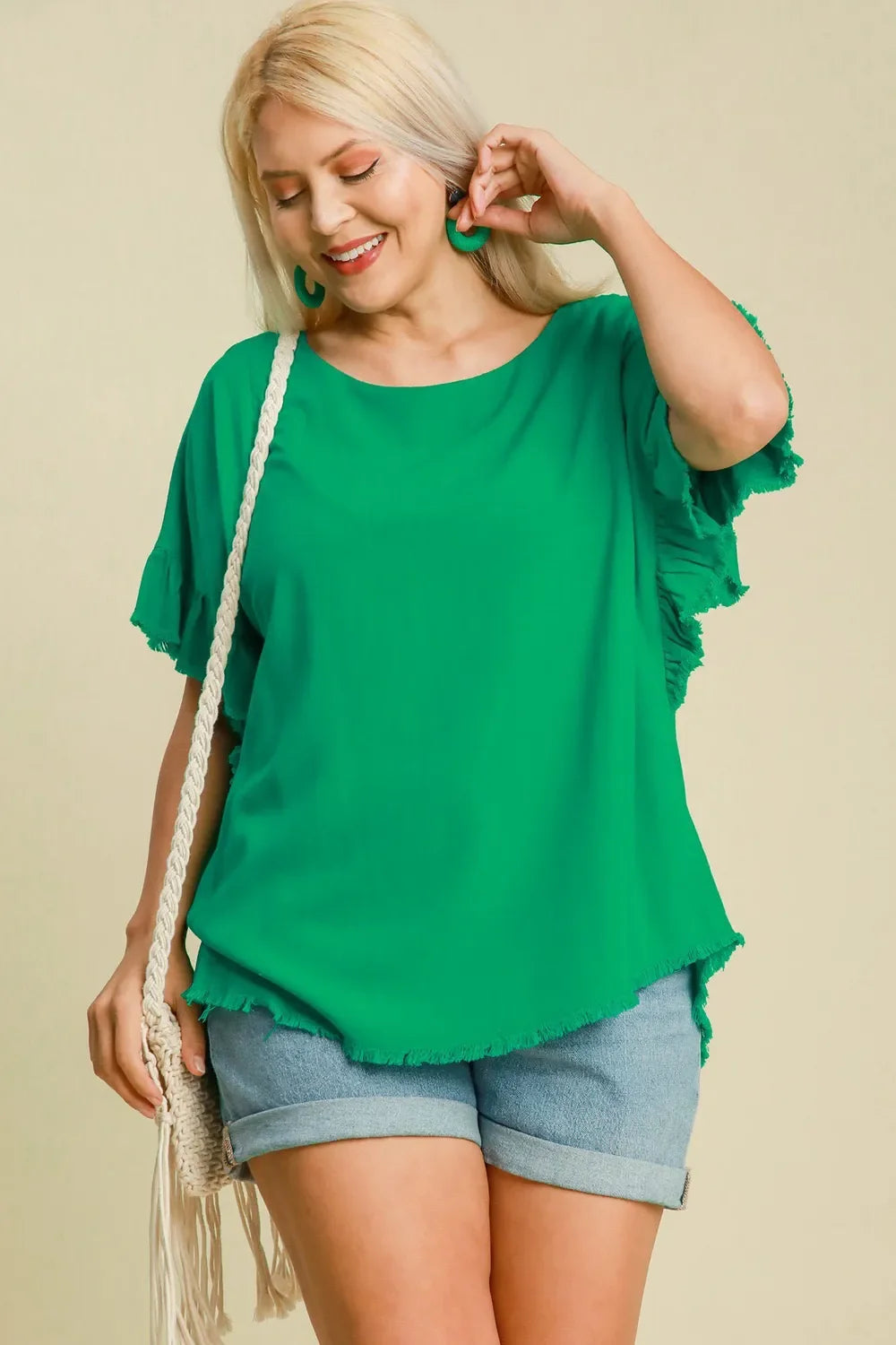Umgee Full Size Raw Hem Ruffle Short Sleeve Blouse Plus Size