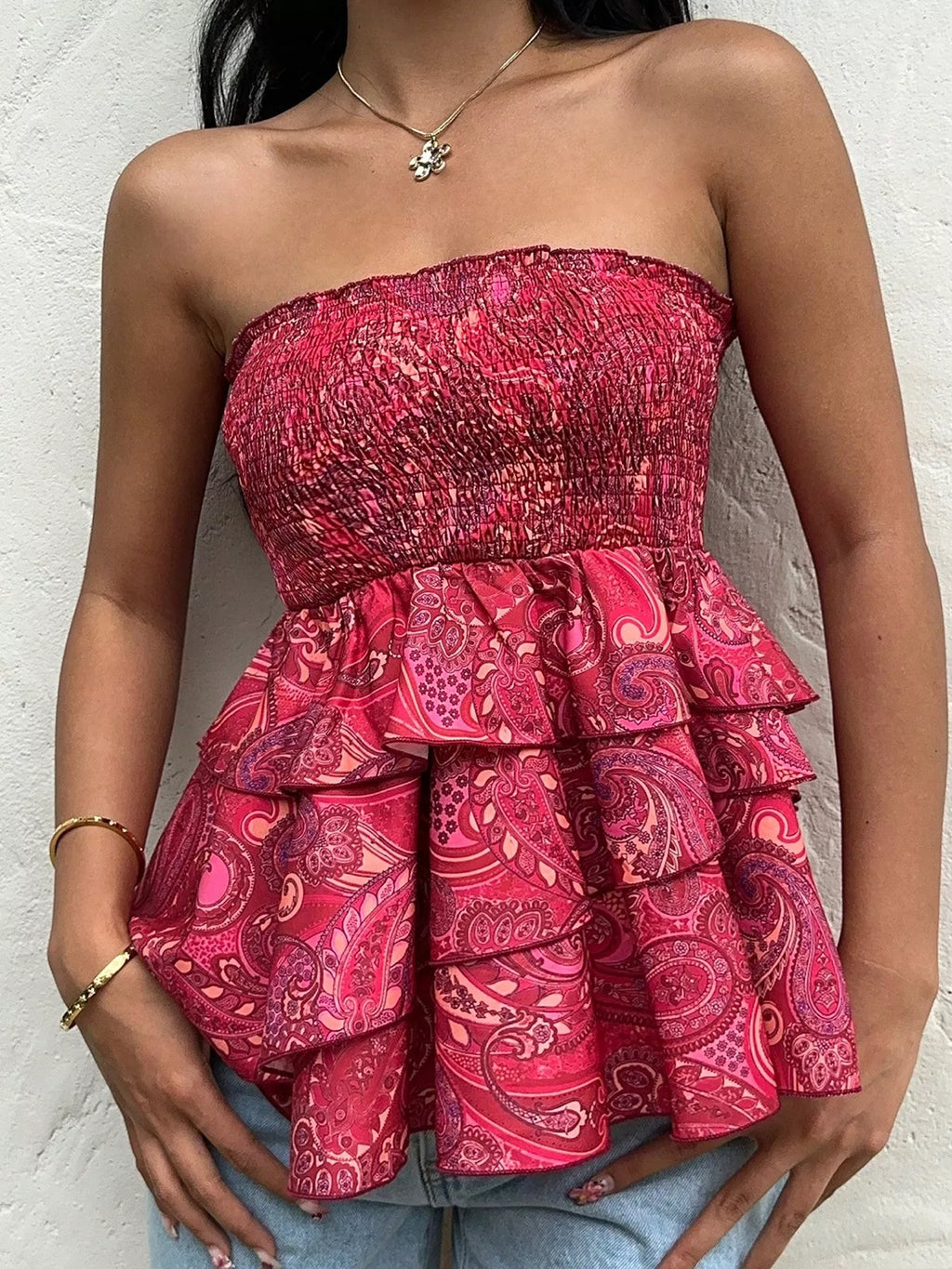 Smocked Layered Paisley Print Tube Top