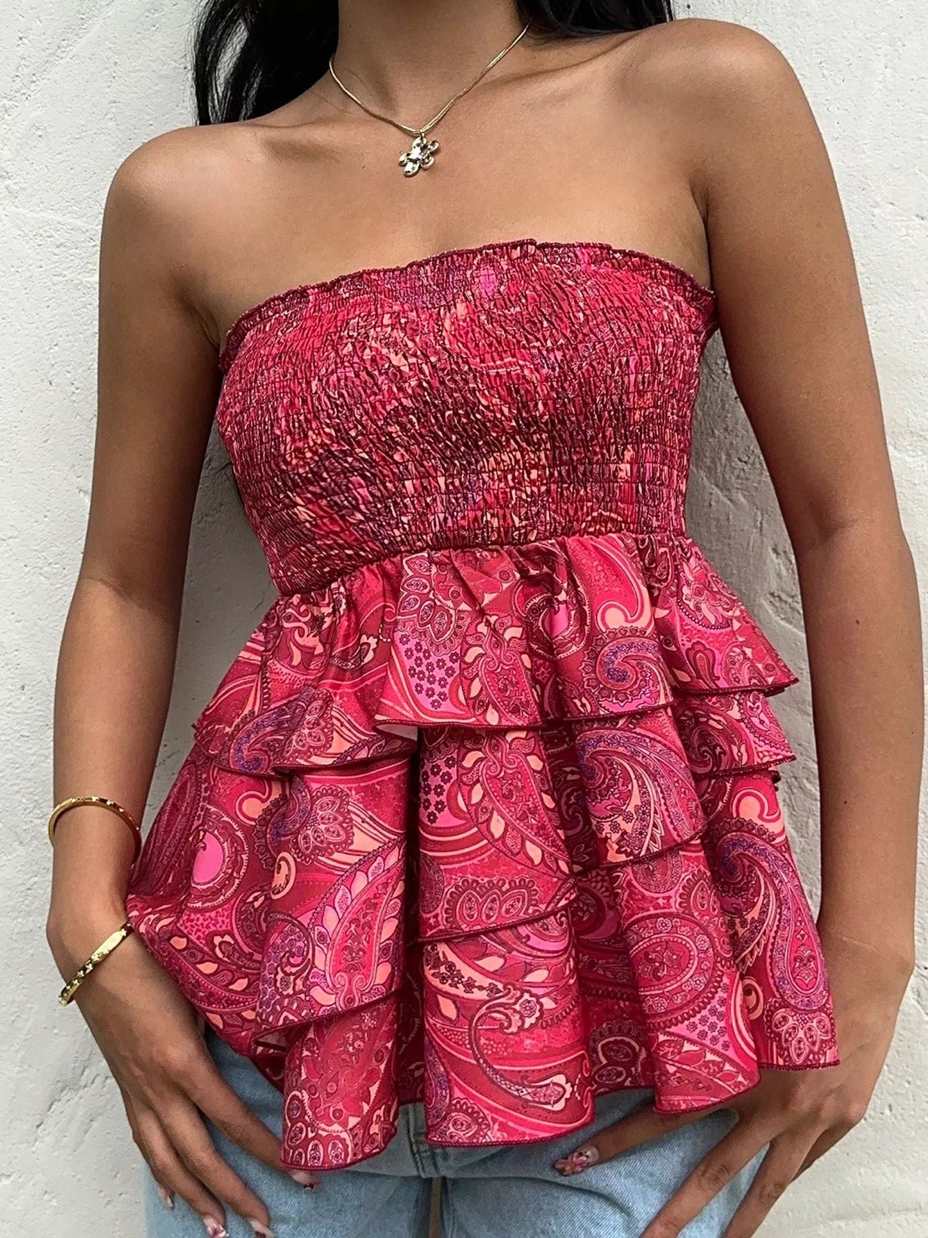 Smocked Layered Paisley Print Tube Top