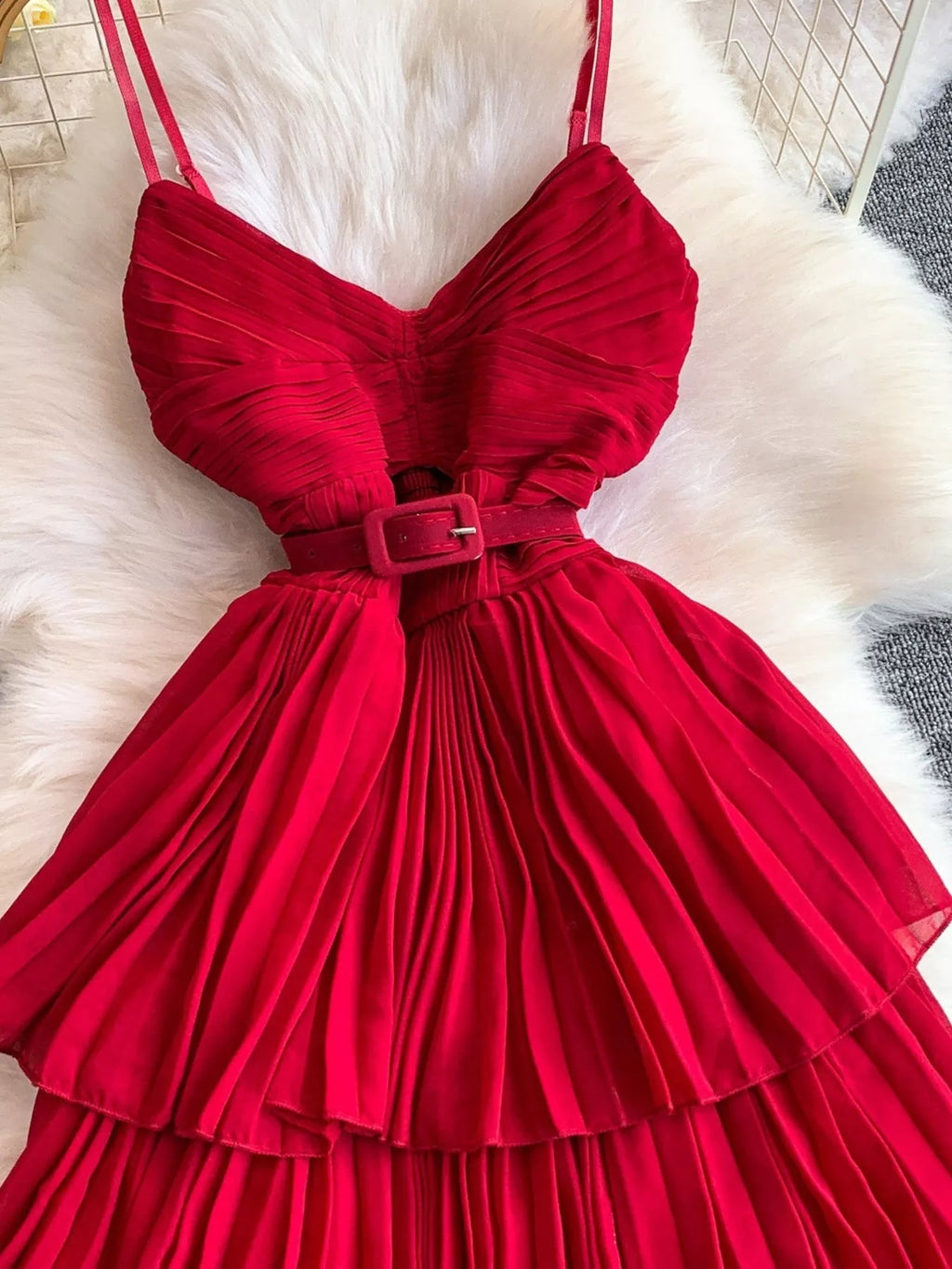 Pleated Layered Spaghetti Strap Midi Dress