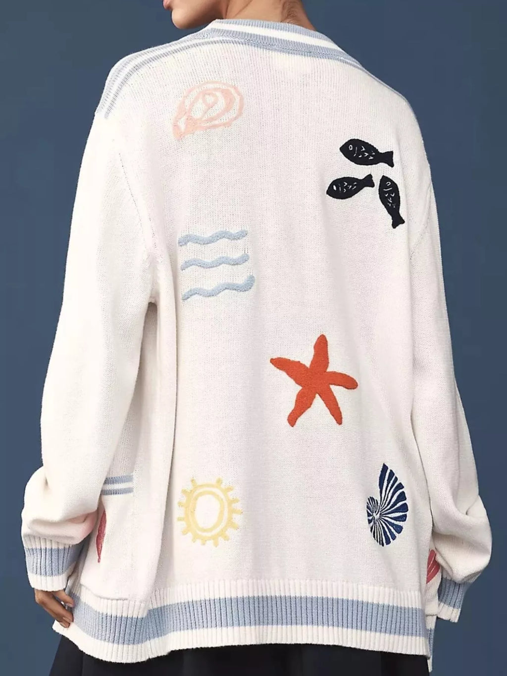 Seashell Embroidered Open Front Cardigan