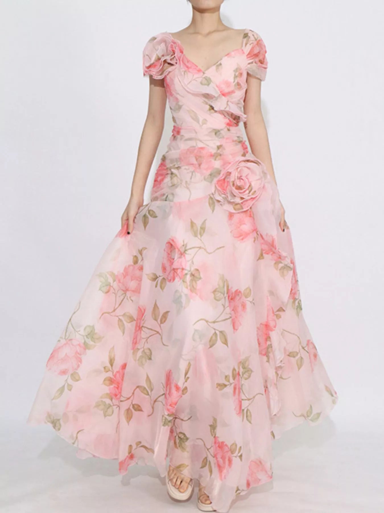 Floral Ruffled Short Sleeve Maxi Dress