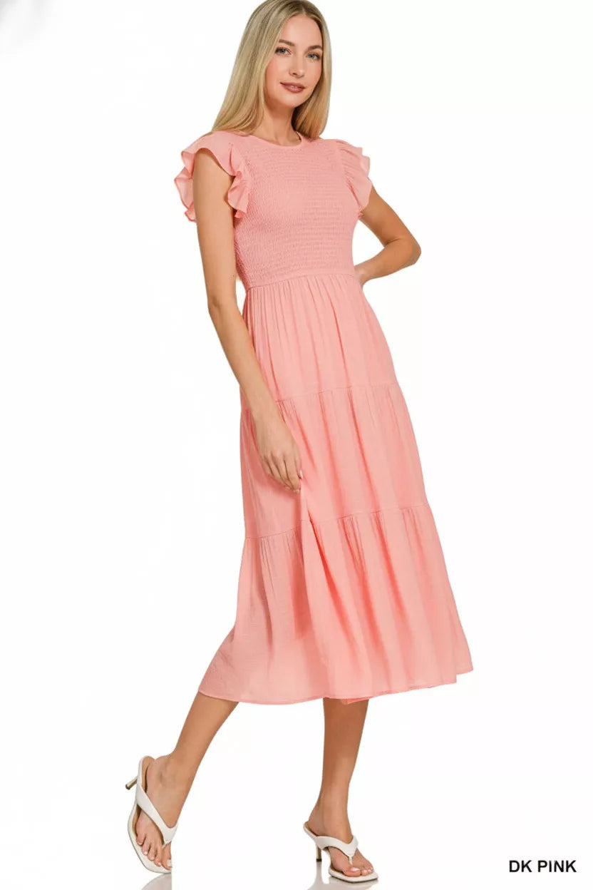 Zenana Woven Smocked Ruffle Sleeve Midi Dress