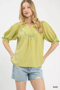 Umgee Scalloped Trim Blouse with Puff Sleeves