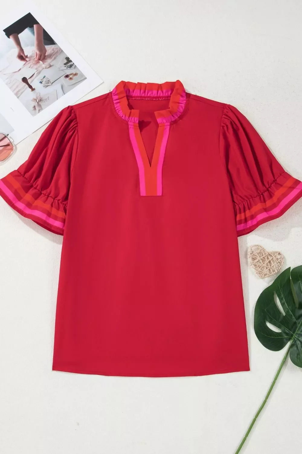 Ruffled Sleeve Notched Blouse with Striped Detail