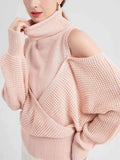 Waffle Knit Cold Shoulder Turtleneck Sweater
