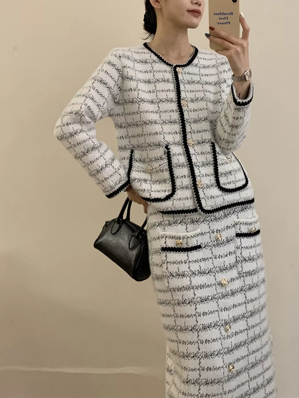 Tweed Contrast Trim Jacket and Skirt Set