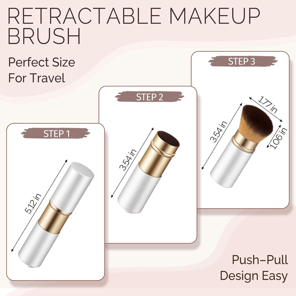 Retractable Kabuki Travel Makeup Brush, All-in-One | Ultra-soft dense bristles for powder, blush & foundation. Protective cap for mess-free travel (Color - White)