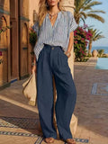 Full Size Striped Button Up Shirt and Pants Set Plus Size