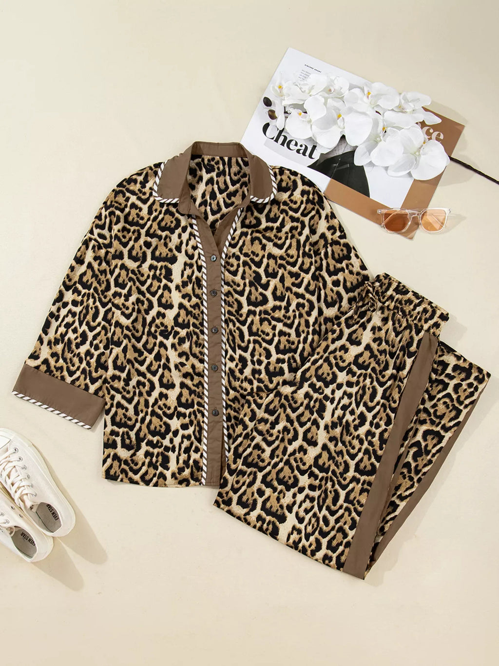 Leopard Collared 3/4 Sleeve Shirt and Loose Pants Two Piece Outfit Set