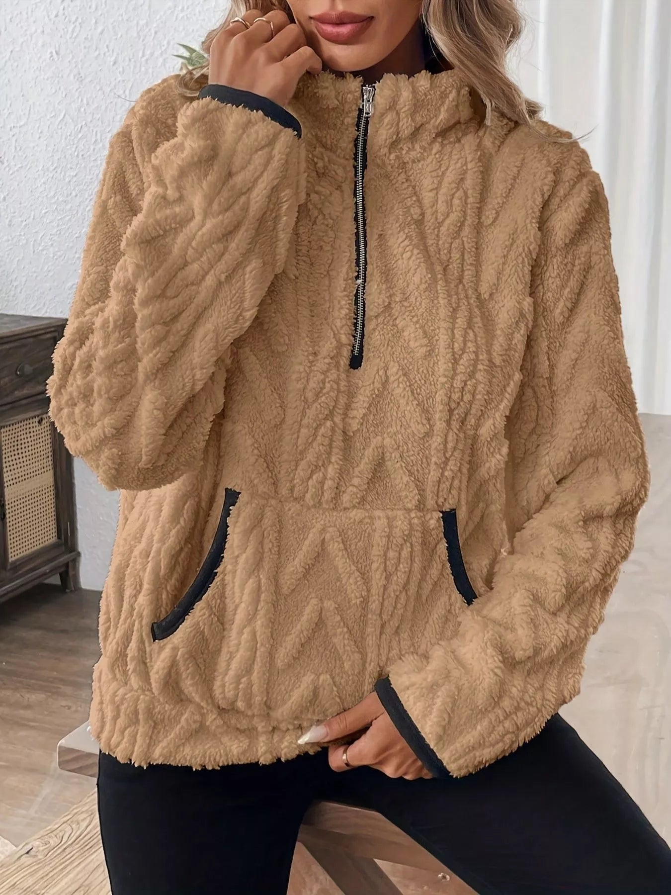 Full Size Half Zip Kangaroo Pocket Sweatshirt Plus Size