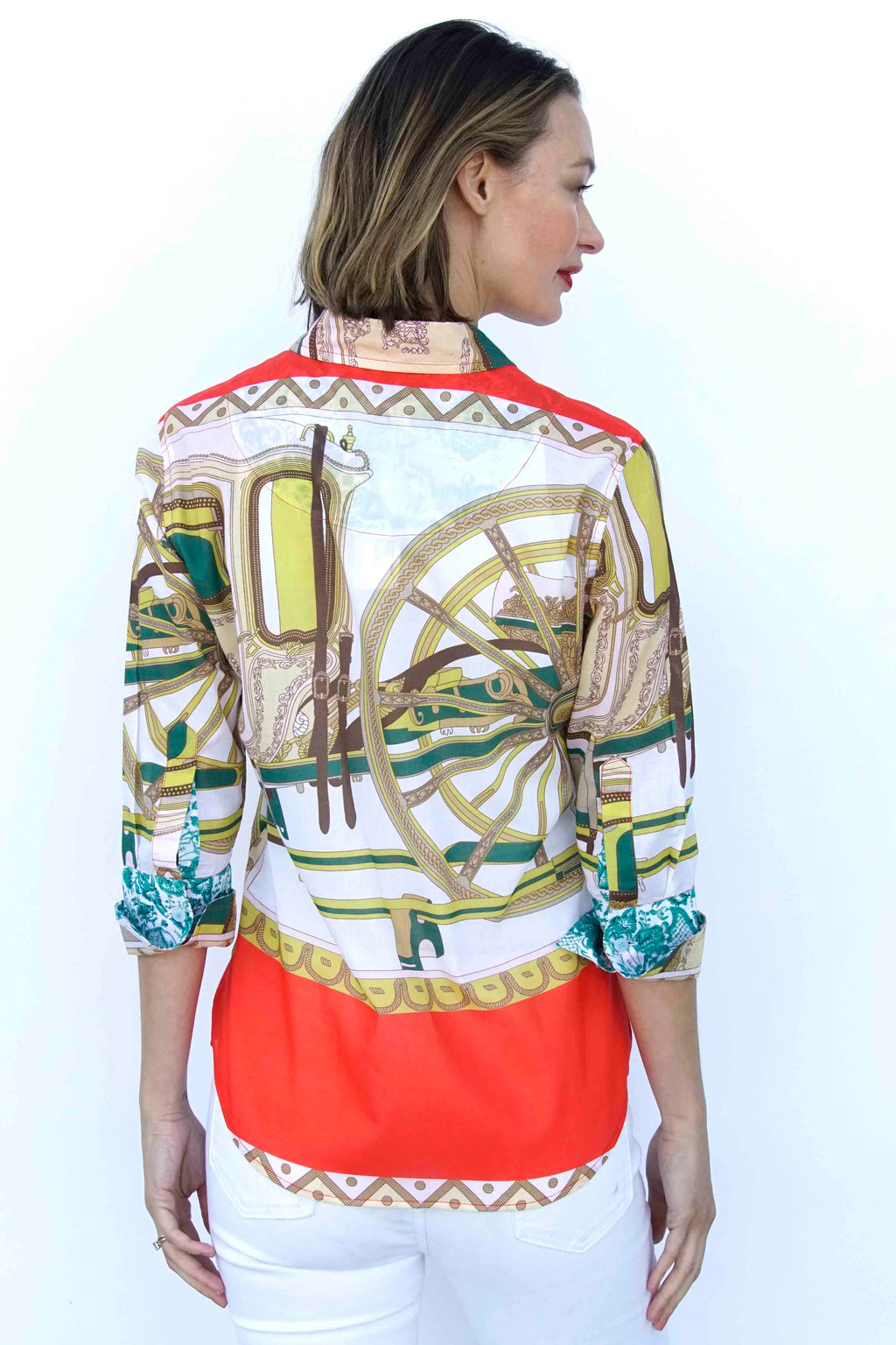 3/4 Sleeve Melon And Chartreuse Wagon Wheel Print