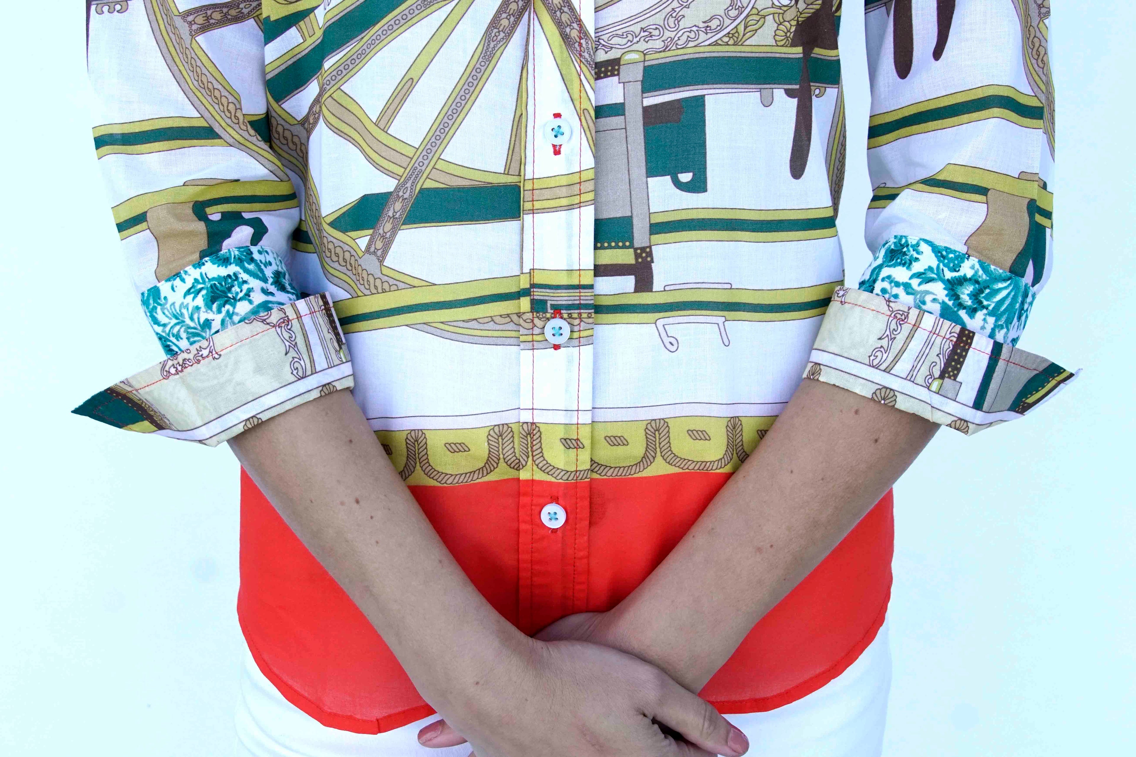 3/4 Sleeve Melon And Chartreuse Wagon Wheel Print
