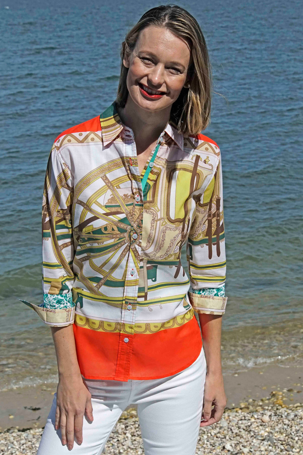 3/4 Sleeve Melon And Chartreuse Wagon Wheel Print