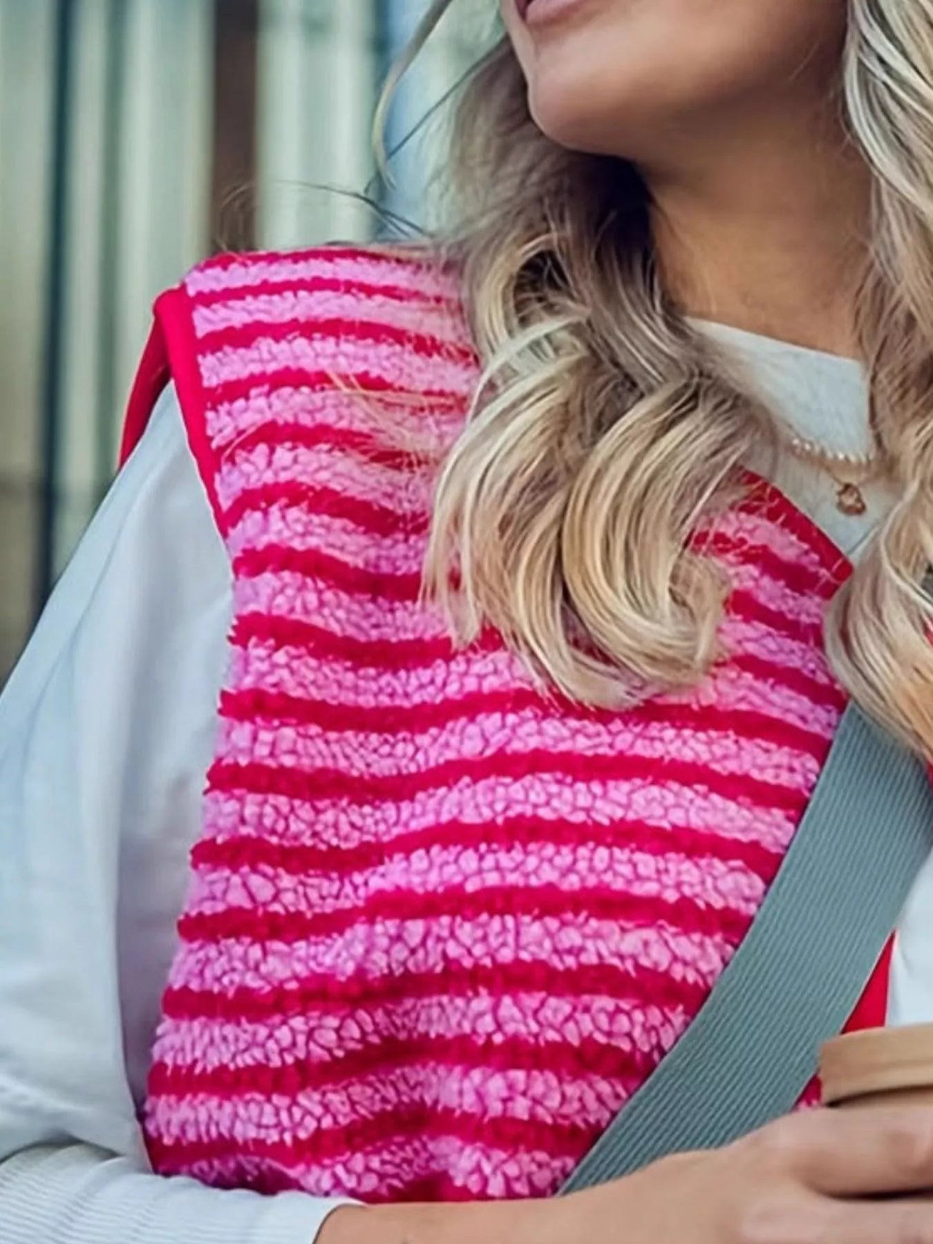 Striped Fleece Button-Up Vest Coat