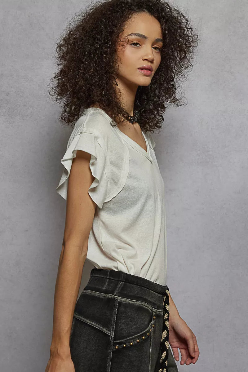 POL V-Neck Short Sleeve T-Shirt with Ruffle Sleeve