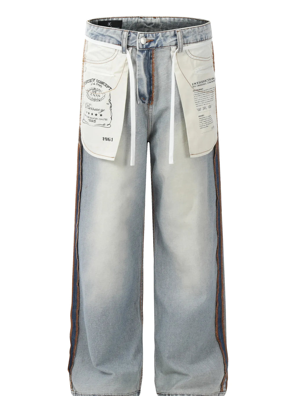 Men's Wide-Leg Jeans with Contrast Side Stripes and Decorative Patches