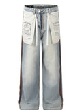 Men's Wide-Leg Jeans with Contrast Side Stripes and Decorative Patches