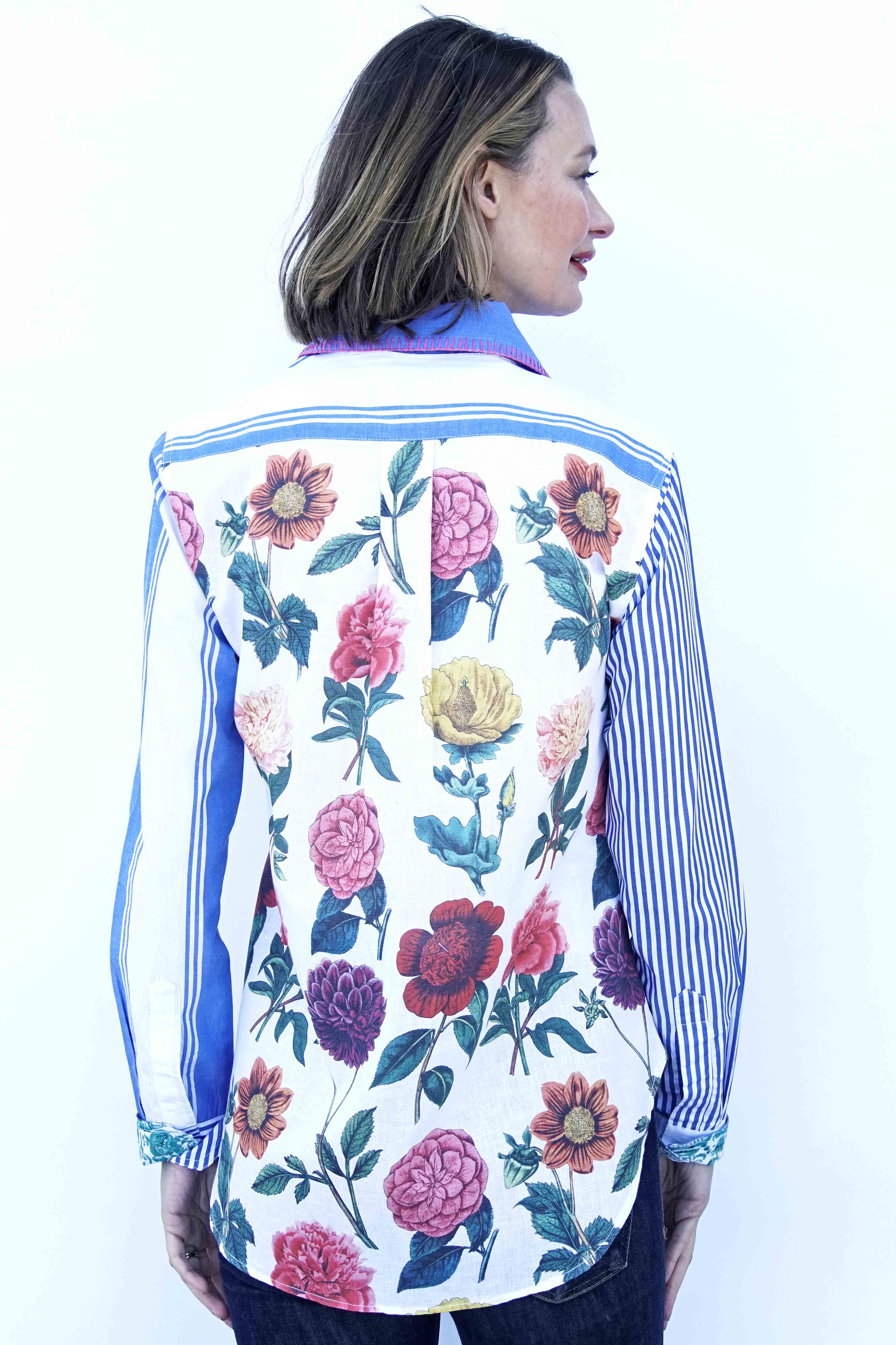 Madison Top Stripes And Flowers W Whipstitch At Collar