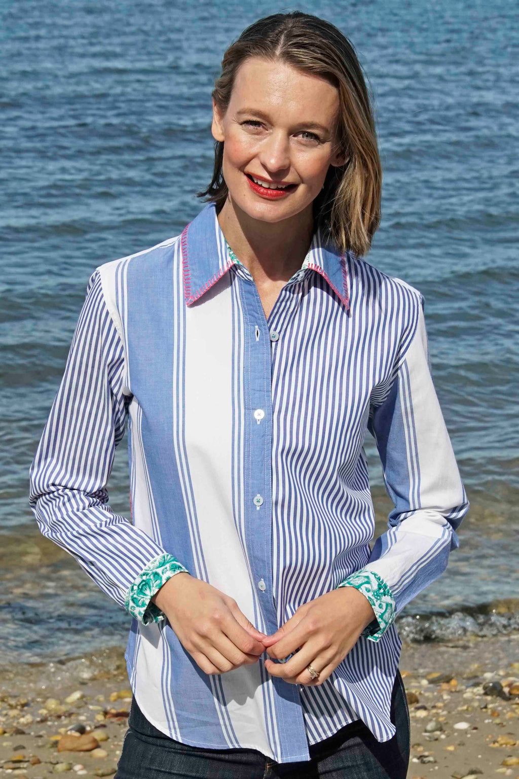Madison Top Stripes And Flowers W Whipstitch At Collar