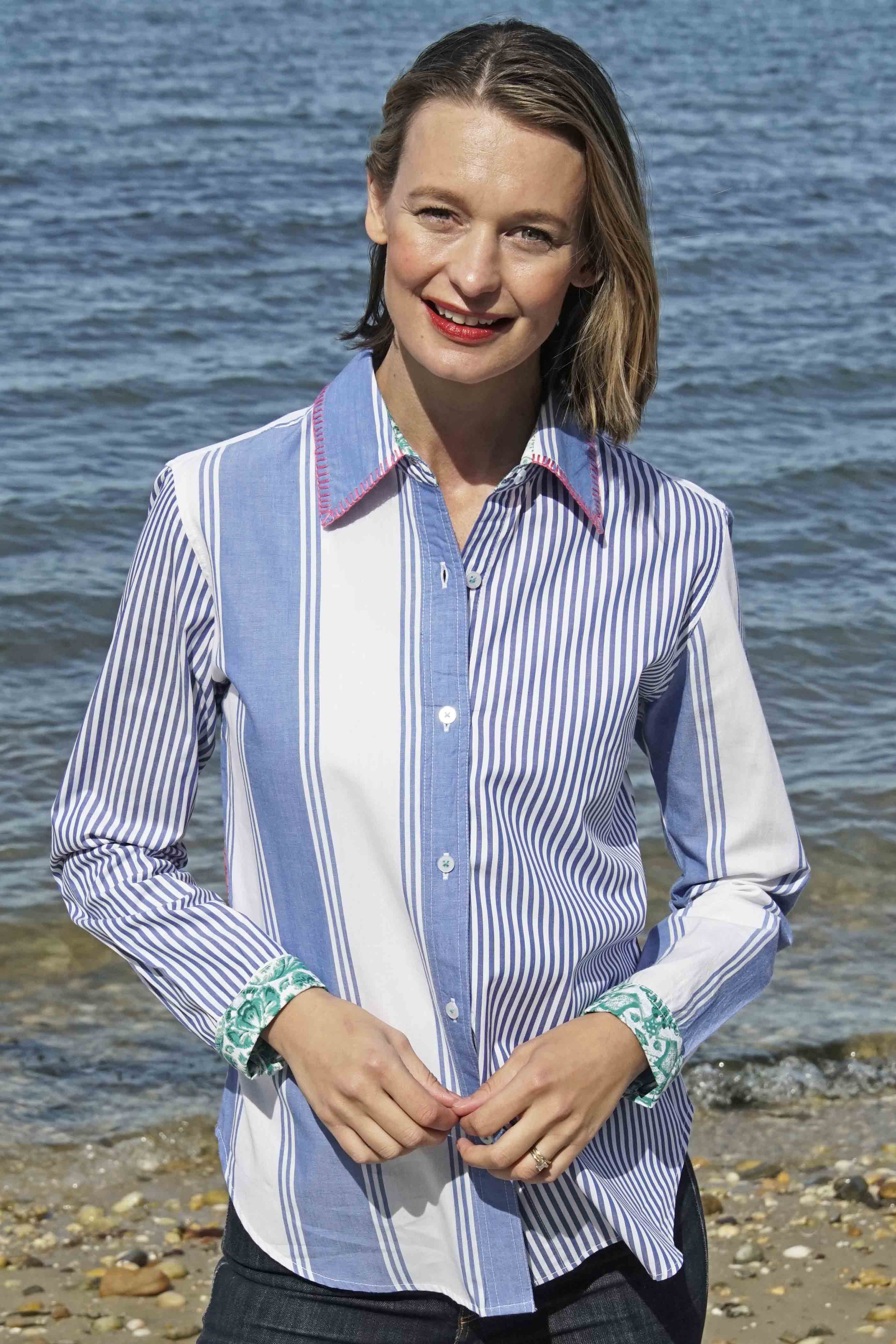 Madison Top Stripes And Flowers W Whipstitch At Collar