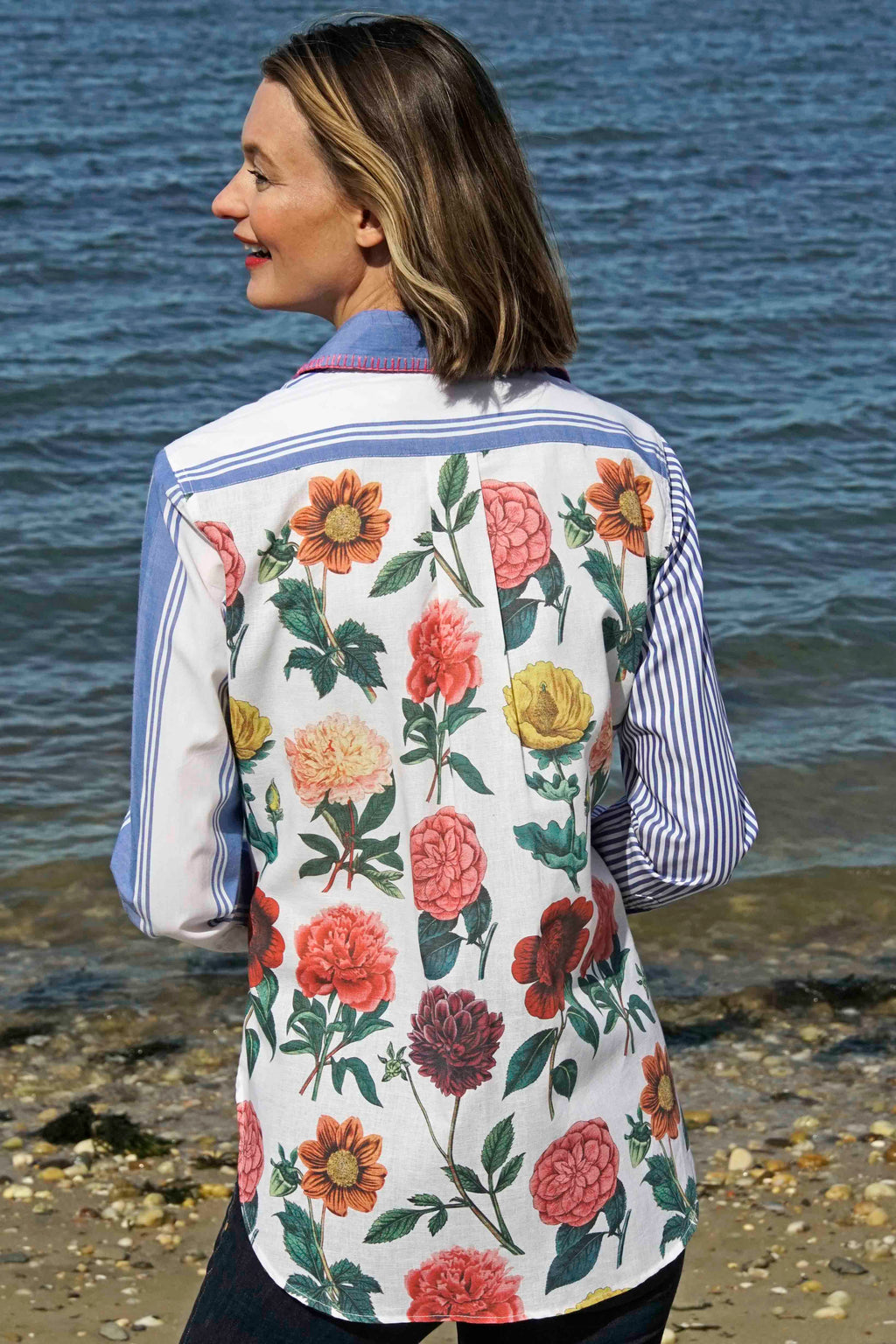 Madison Top Stripes And Flowers W Whipstitch At Collar