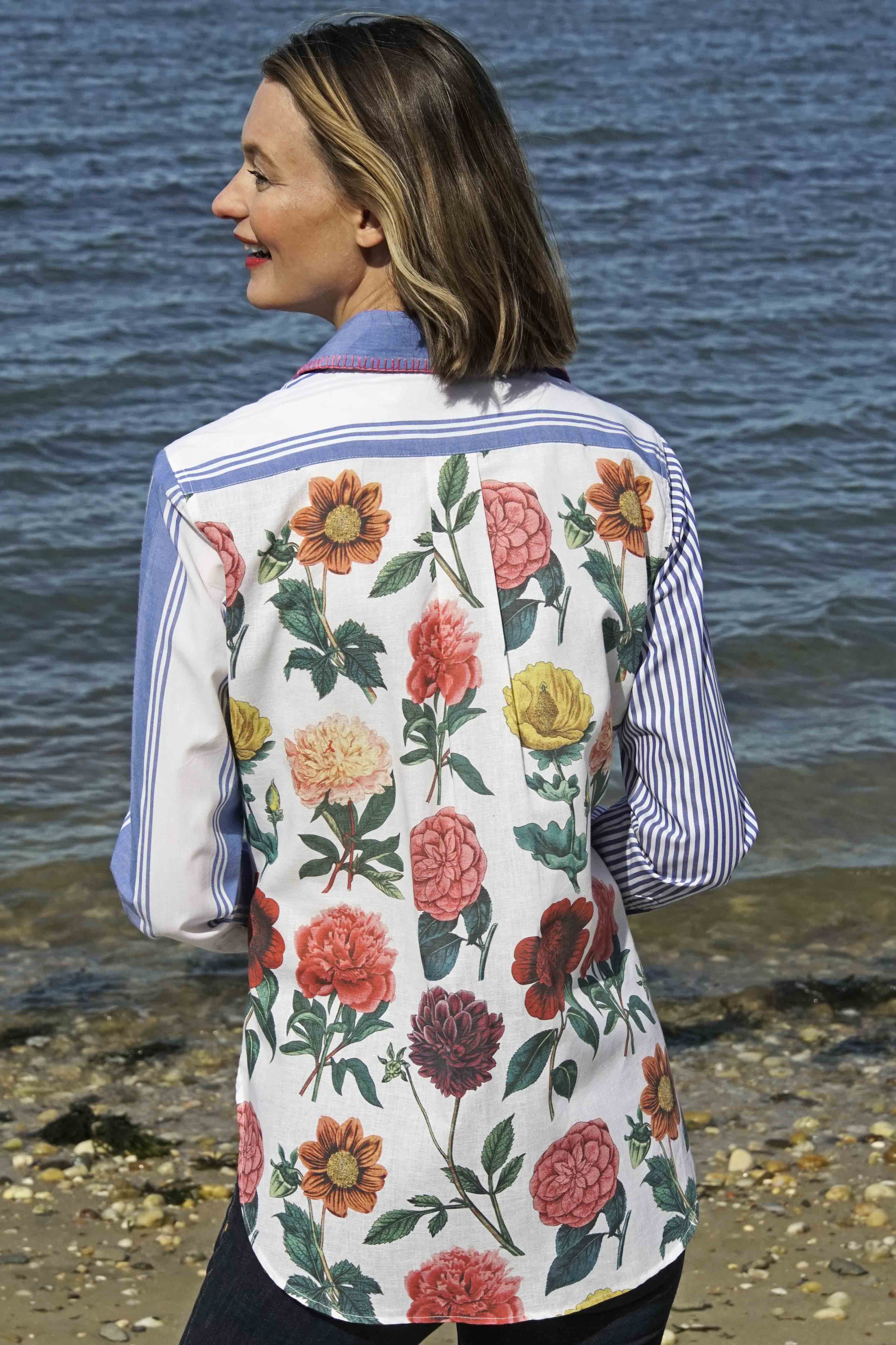 Madison Top Stripes And Flowers W Whipstitch At Collar