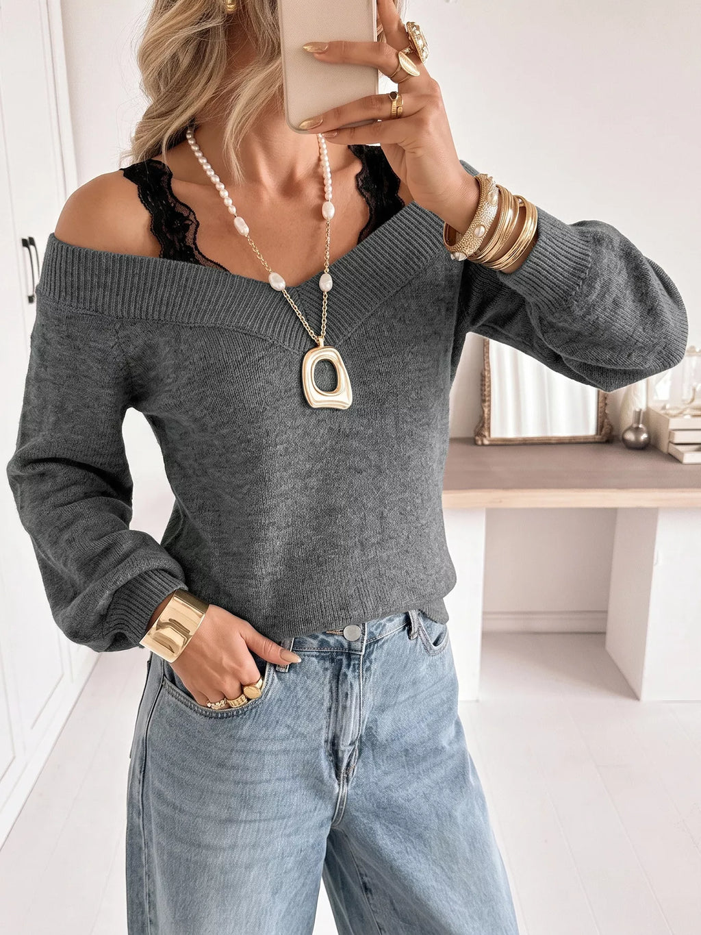 Off-Shoulder Lace Trim Sweater