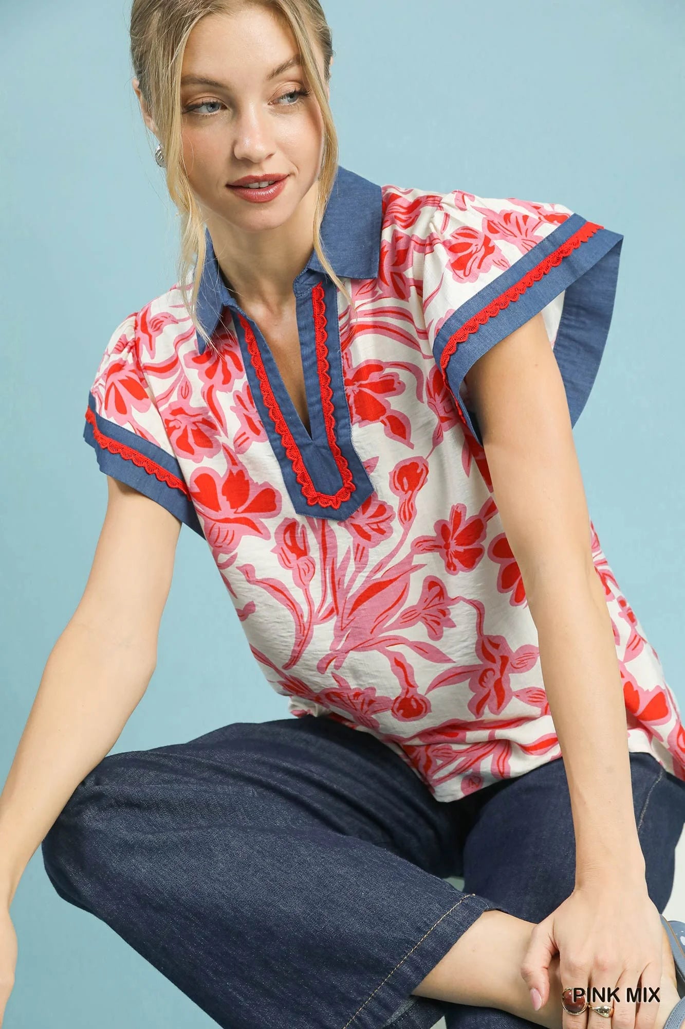 Umgee Floral Split Neck Top