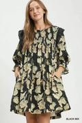 Umgee Mix Floral Print Smocked Ruffle Detail Flowy Dress