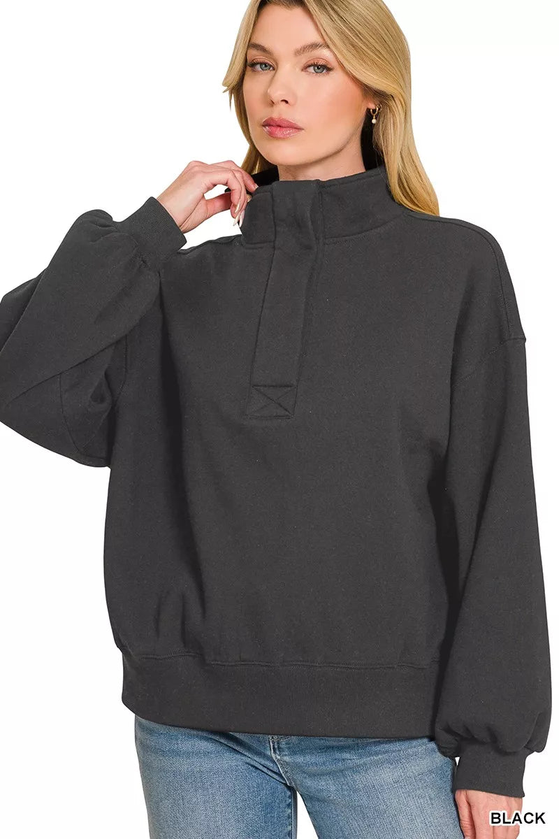 Zenana Fleece Half Snap Button Sweatshirt
