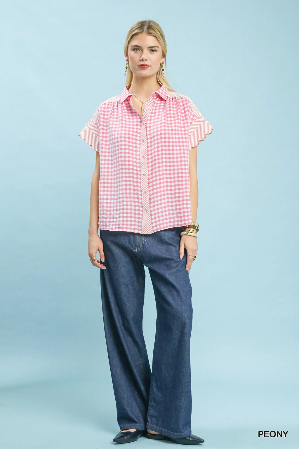 Umgee Mixed Gingham Short Sleeve Shirt