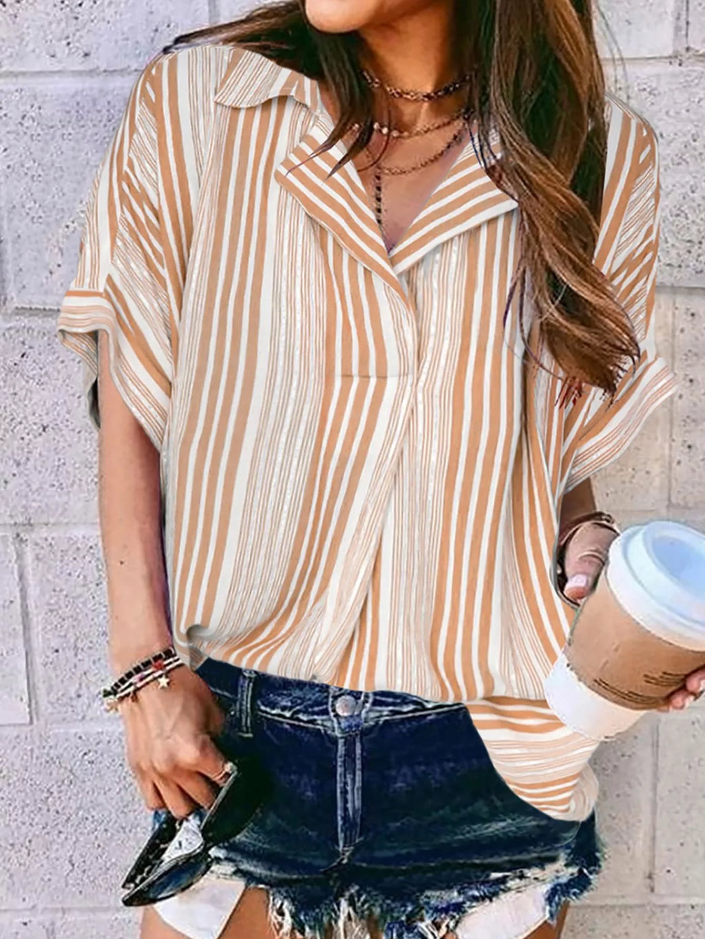 Full Size Collared Neck Half Sleeve Shirt Plus Size