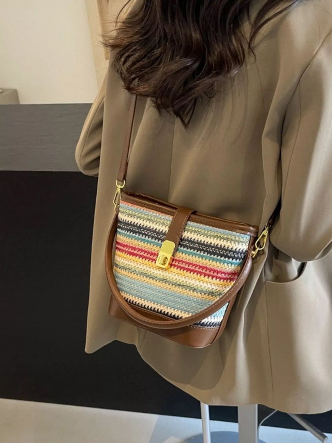 Striped Bucket Crossbody Bag