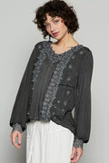 POL Floral Embroidery Woven Top with Lace Trim