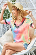 BiBi Rainbow Tie-Dye Leopard Trim V-Neck T-Shirt