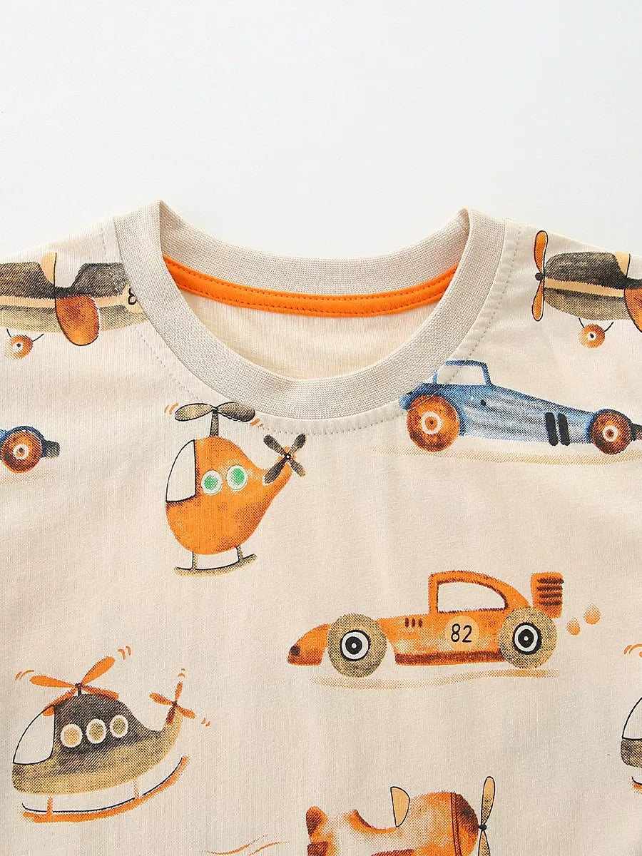 Children's Cartoon Vehicle Print T-Shirt & Shorts Set