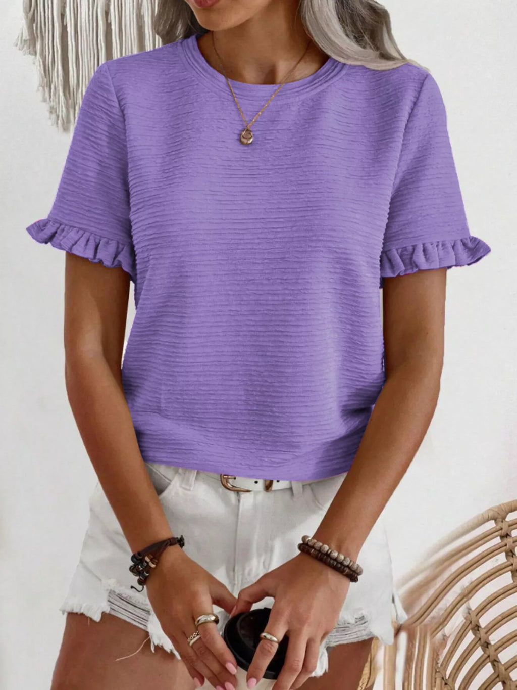 Textured Ruffle Sleeve Round Neck T-Shirt